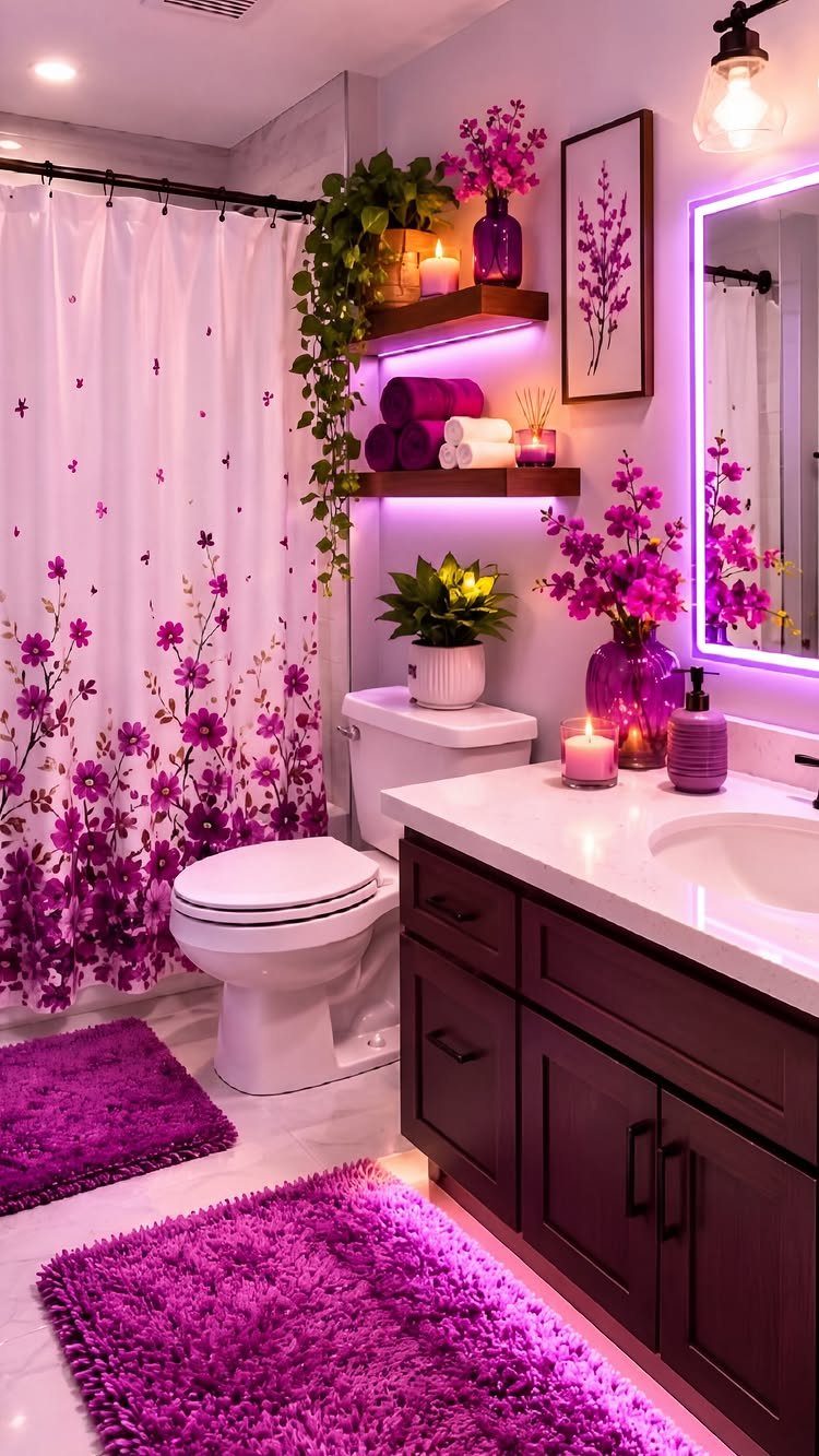 Purple themed bathroom with LED accent lighting, floral shower curtain, and purple rugs.