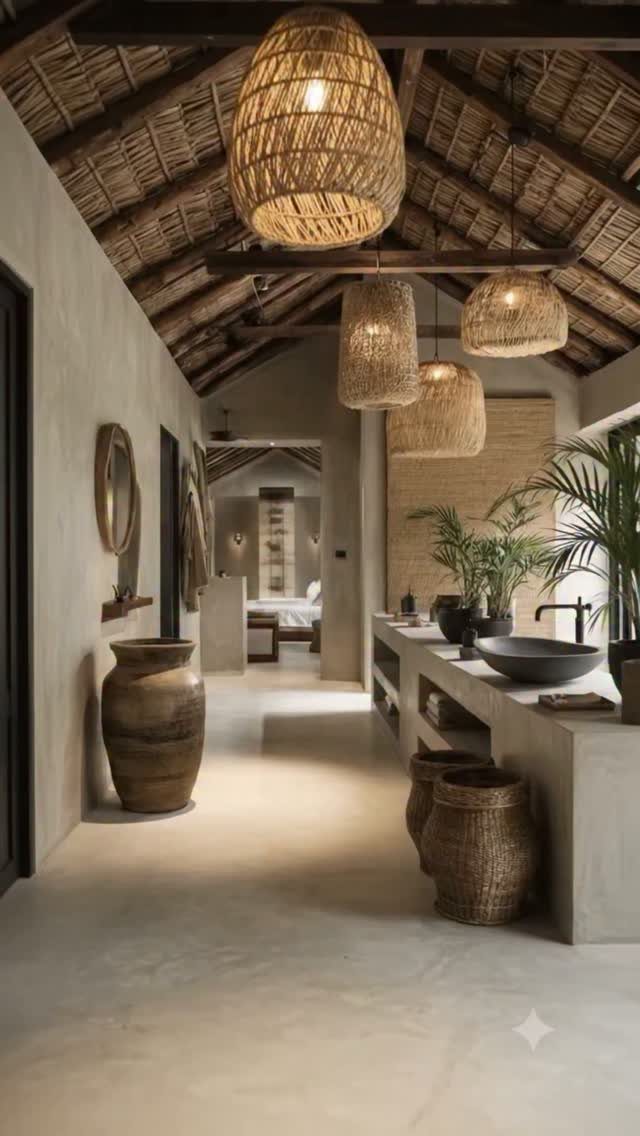 Concrete vanity and vessel sink under woven lamps with timber beams and thatched roof