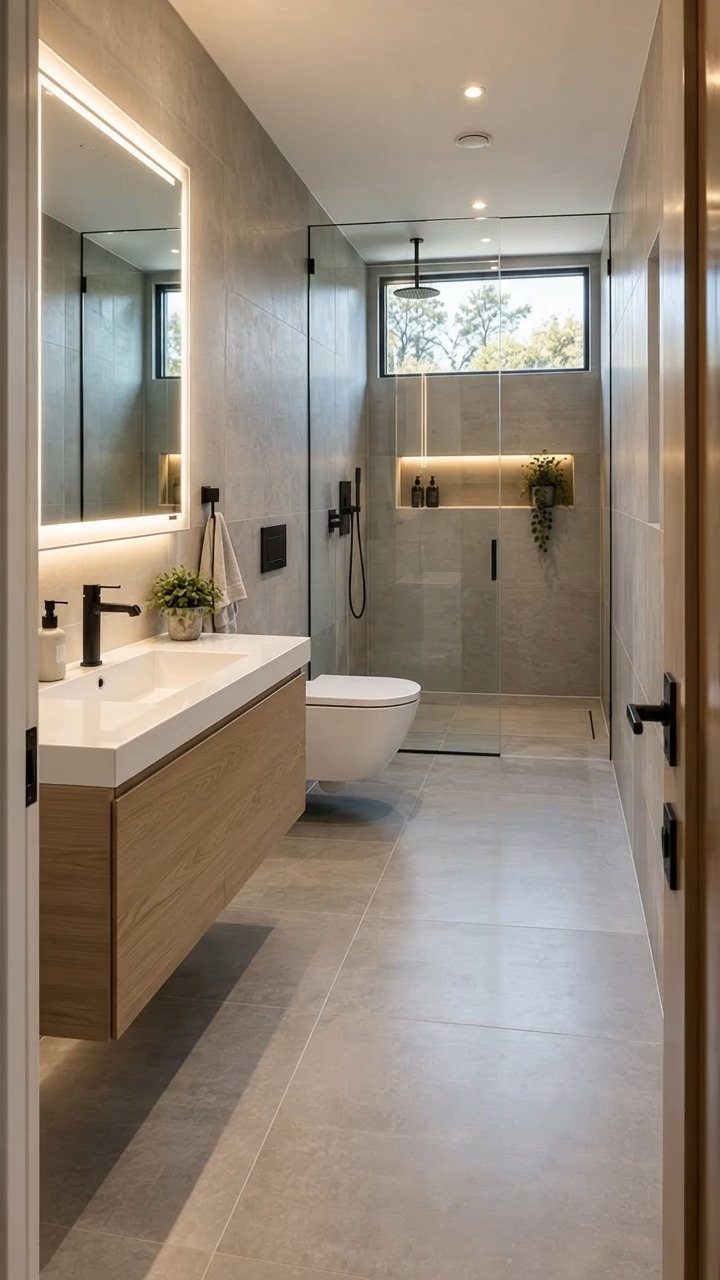 Modern bathroom featuring a glass walk-in shower, floating wooden vanity, and grey tiles.