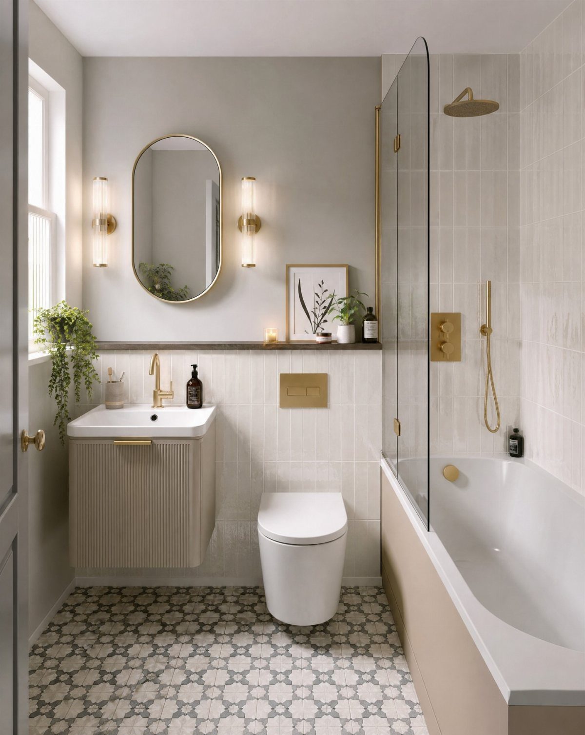 Small bathroom with neutral beige tones, patterned floor tiles, and gold fixtures.