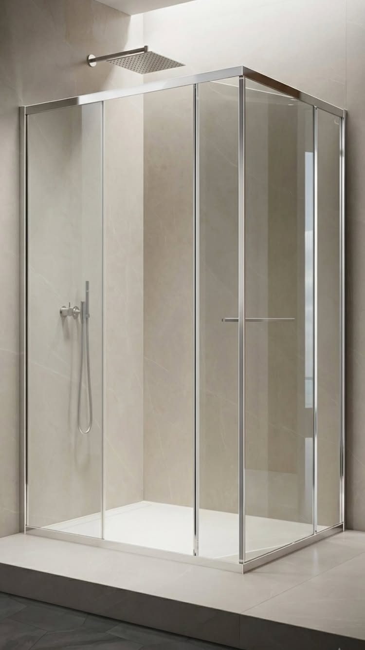 Glass shower enclosure with silver frames and rain shower head in neutral bathroom