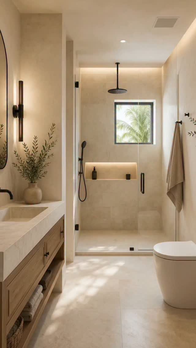 Modern beige bathroom with a glass shower and a window letting in natural light.