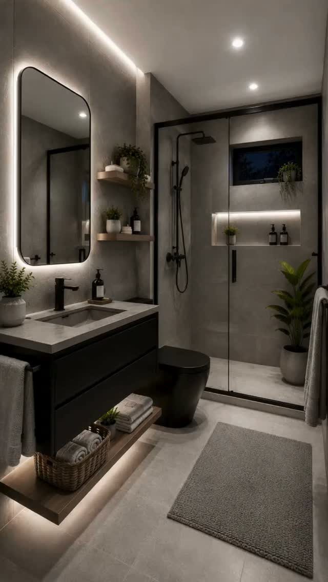 Modern small bathroom featuring a recessed shower niche for storage and floating vanity.