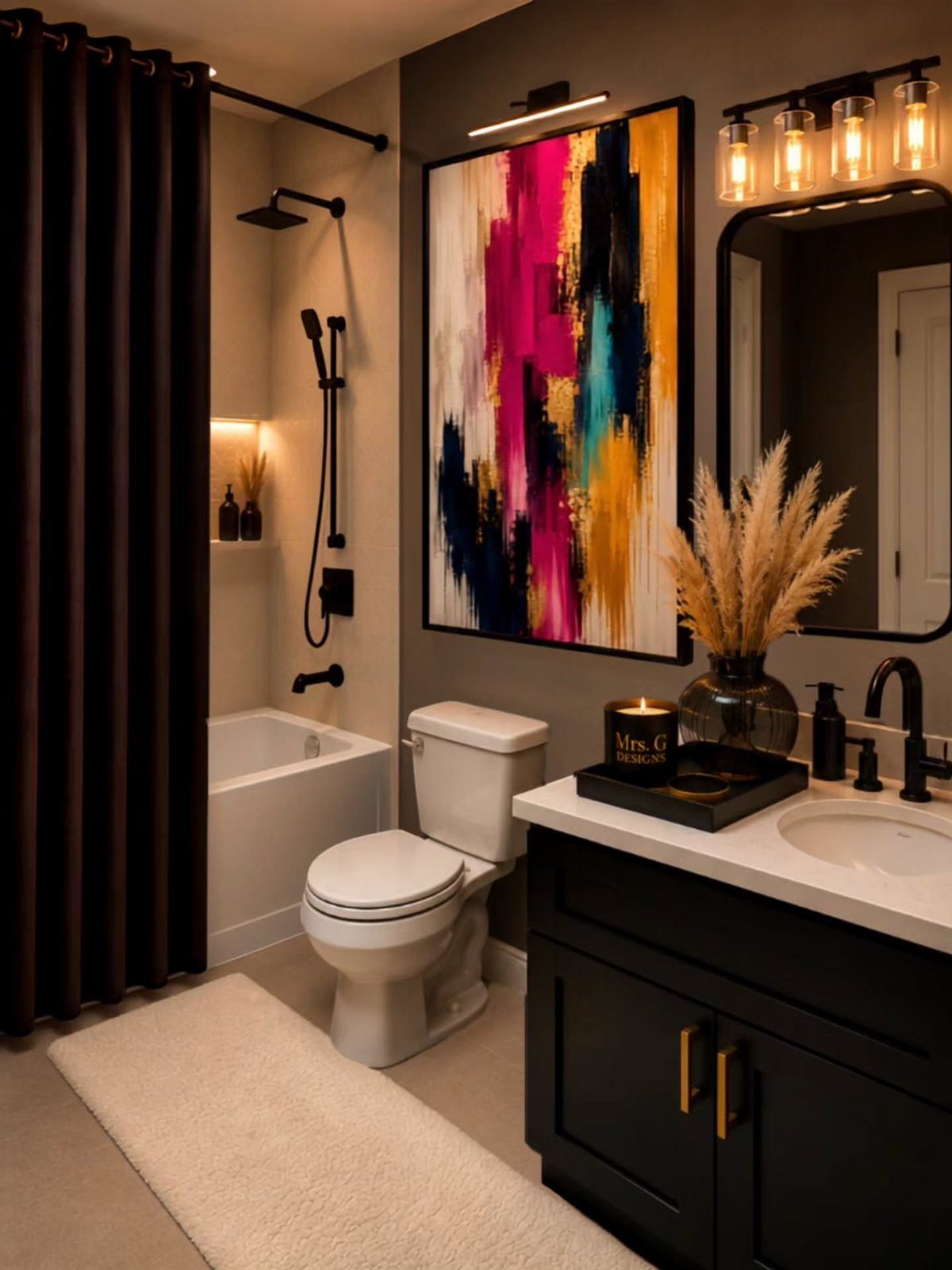 Small bathroom with black vanity, white toilet, and colorful abstract wall art.
