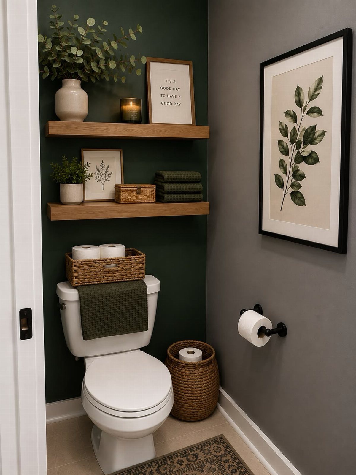 Two wooden floating shelves with decor mounted on a green wall above a toilet.