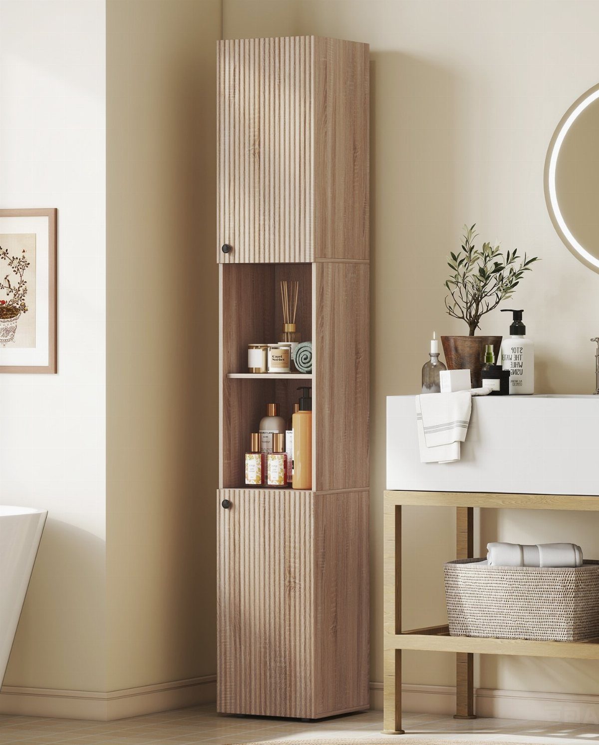 Tall fluted wood storage cabinet with open shelves in a neutral bathroom