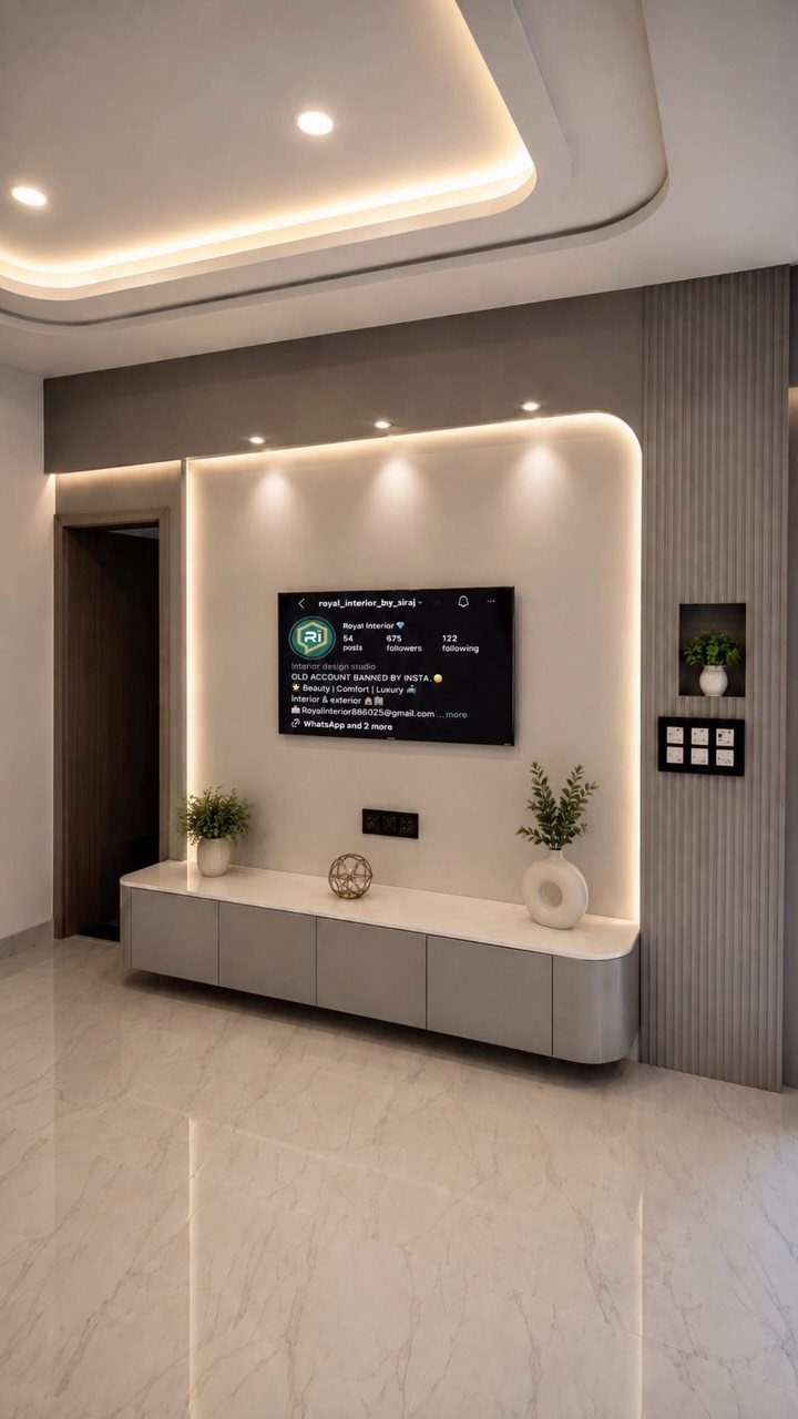 Modern living room with a floating grey console, wall-mounted TV, and warm LED lighting.