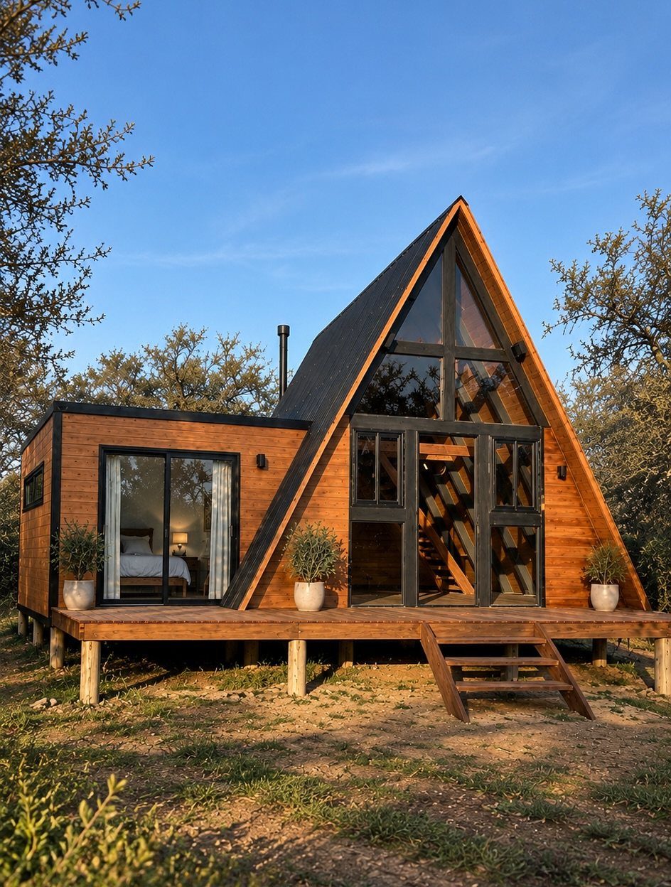 Modern A-frame cabin with natural wood finishes and large glass windows on a deck.