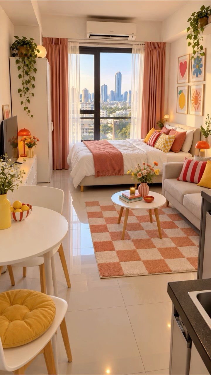 Studio apartment interior with orange and white checkered rug and pink curtains.