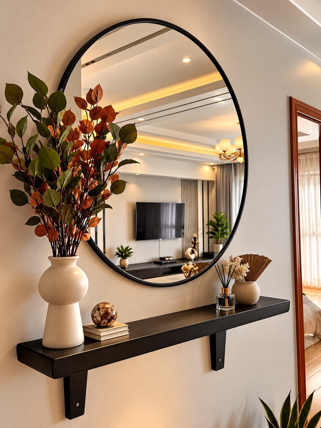 Circular black framed mirror reflecting a living room above a black floating shelf