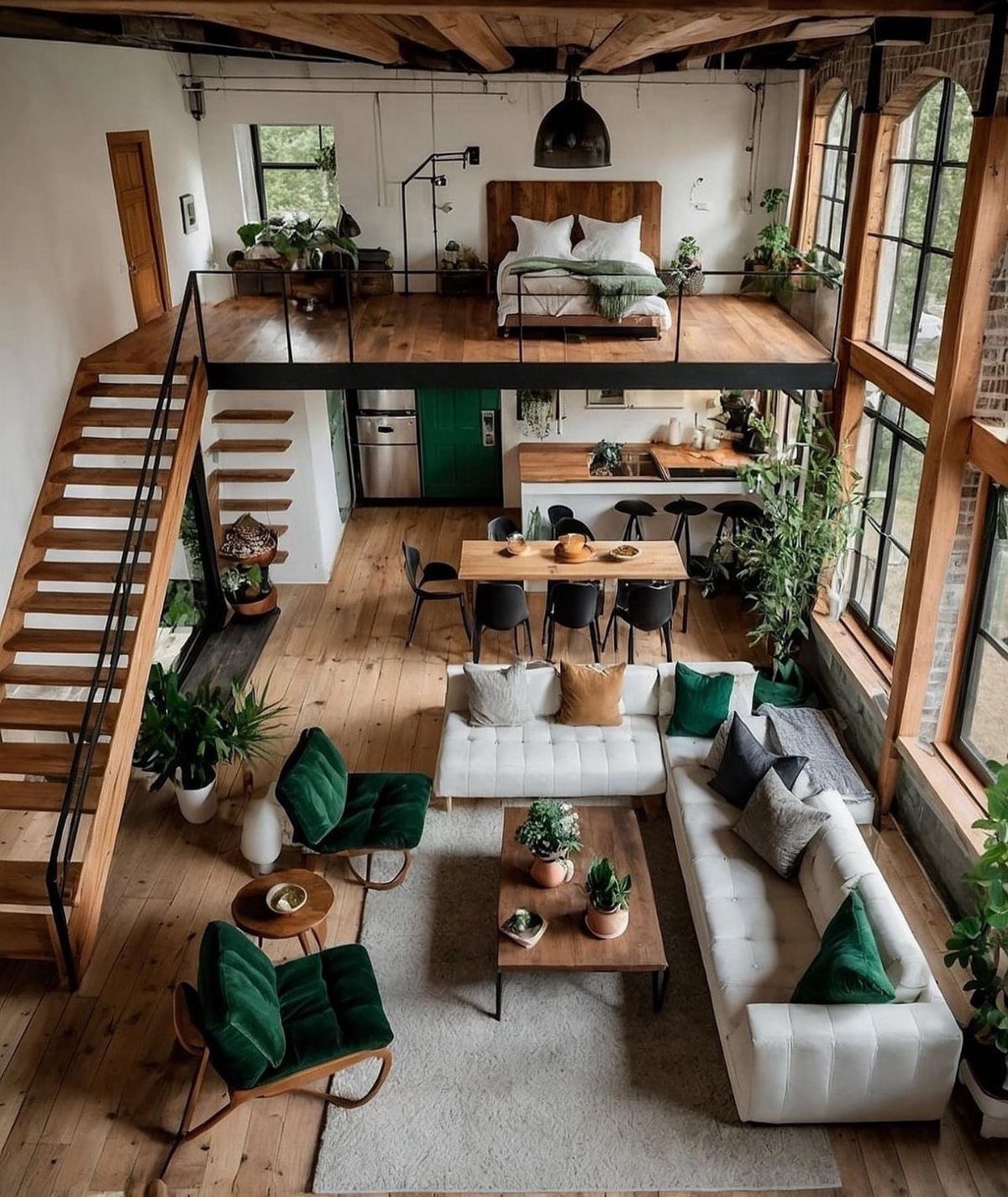 Industrial loft apartment with a mezzanine bedroom, wooden floors, and large arched windows.