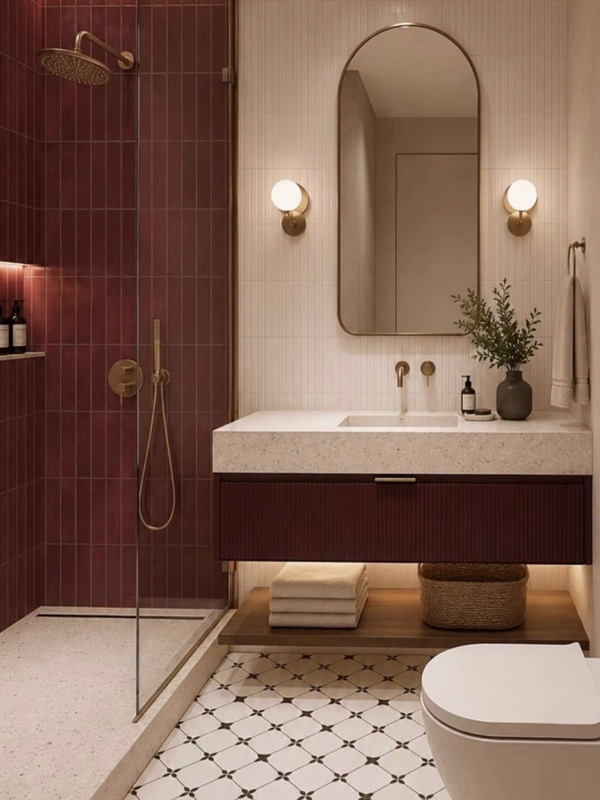 Burgundy tiled shower and matching vanity in a modern bathroom with gold fixtures.