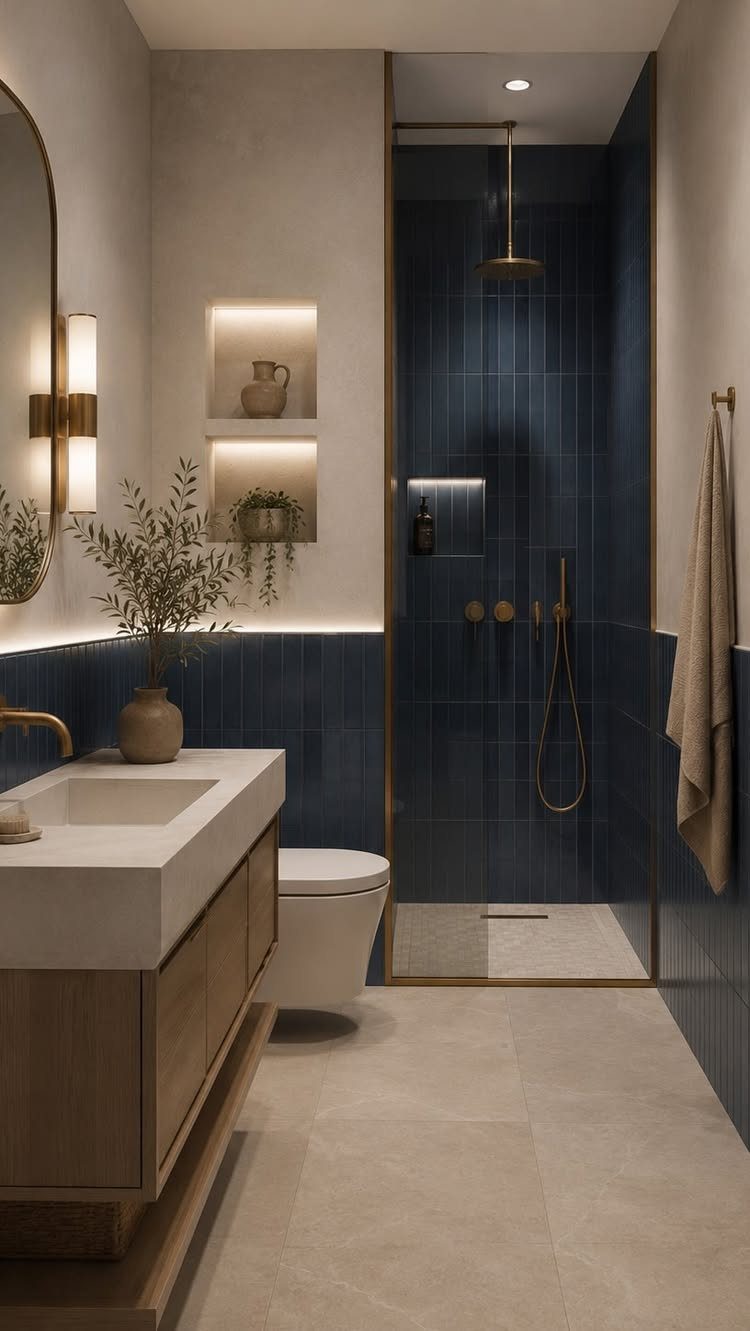 Modern bathroom with navy blue tiles, wood cabinets, and elegant gold fixtures.