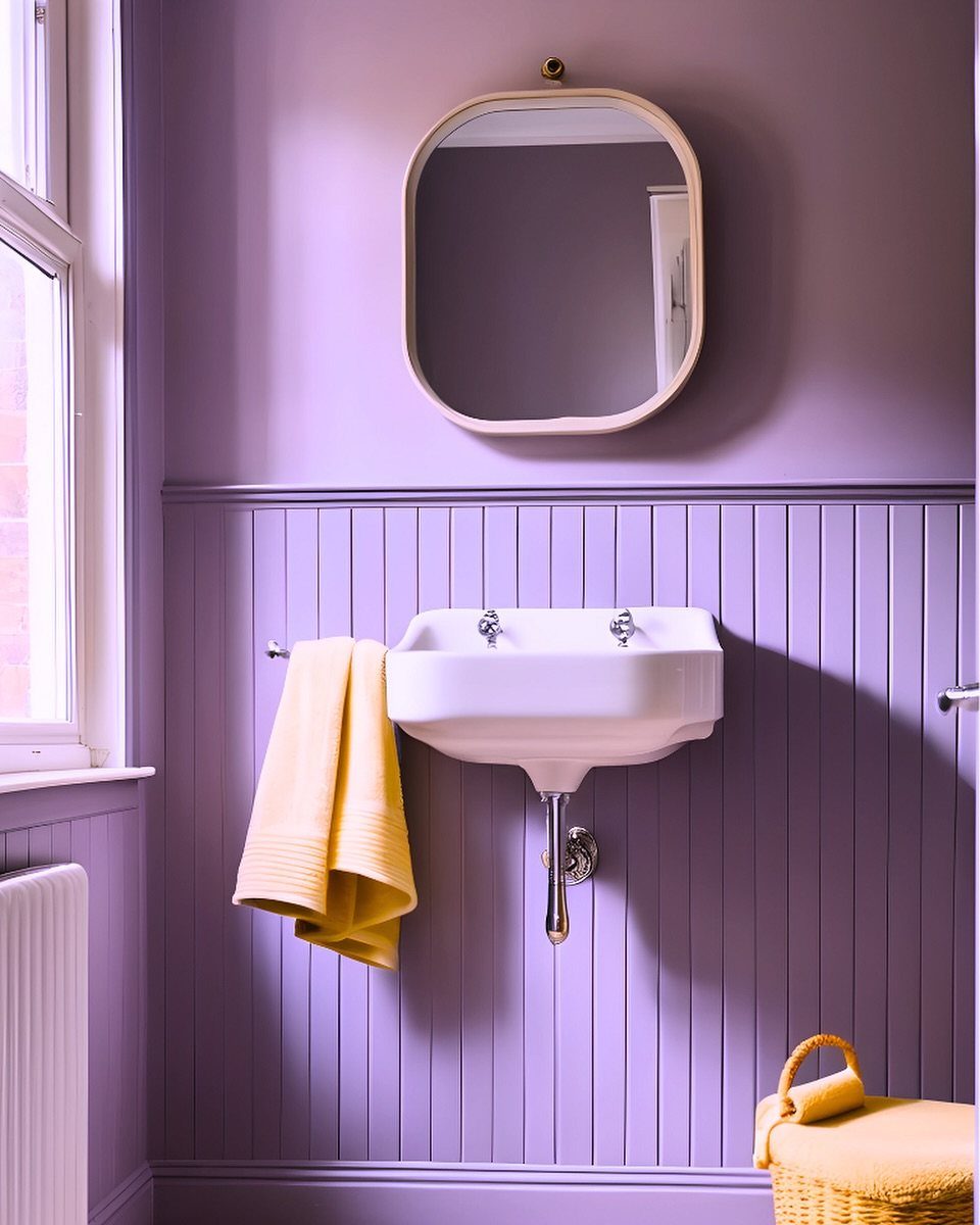 Lilac purple bathroom walls and paneling with a white sink and yellow towel.