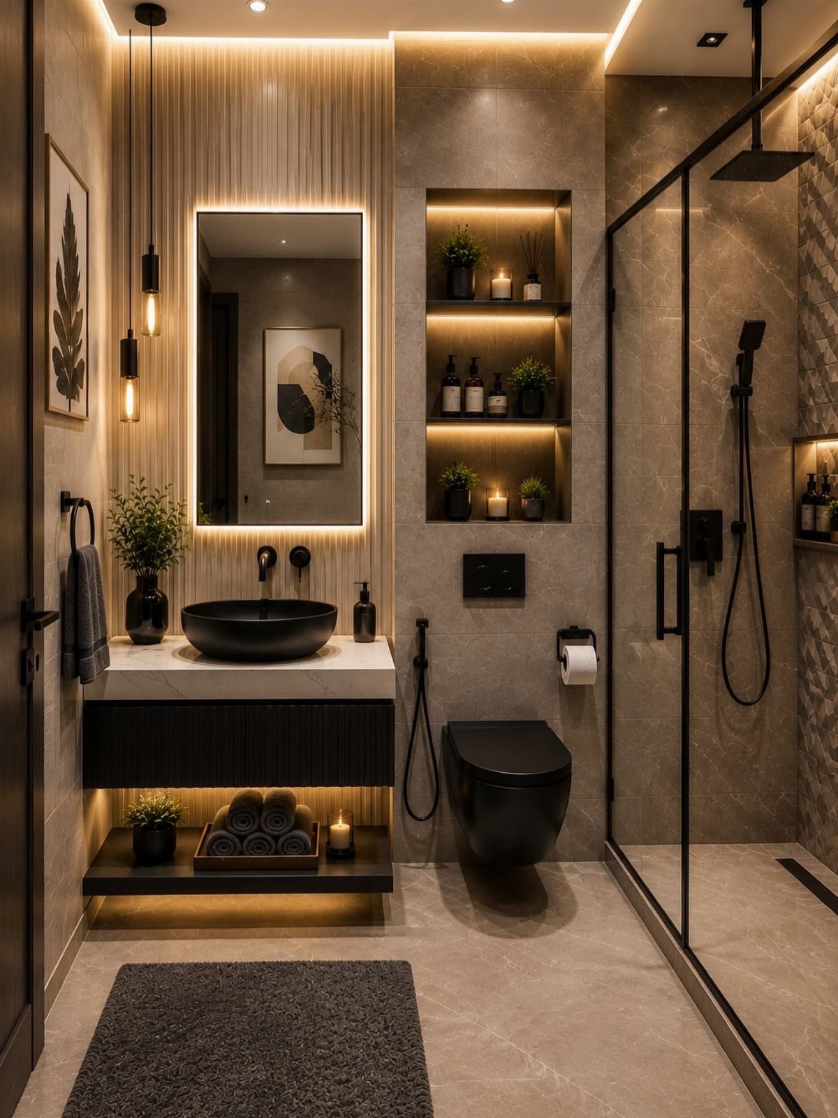 Modern bathroom with monochrome beige and brown tones, black fixtures, and warm lighting.