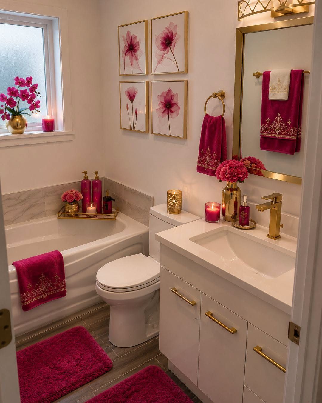 White bathroom with bright pink towels, mats, and gold fixtures and accessories.
