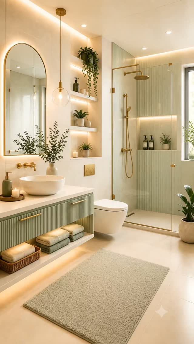 Sage green bathroom with ribbed cabinets, gold fixtures, and warm ambient lighting.