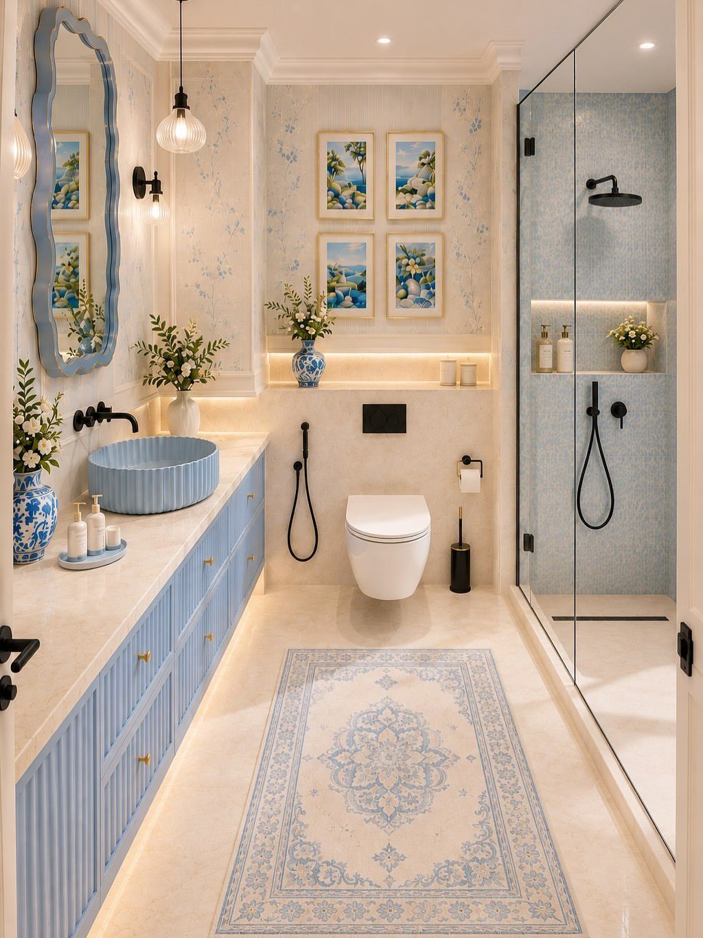 Light blue bathroom cabinetry and vessel sink with a matching patterned floor rug.