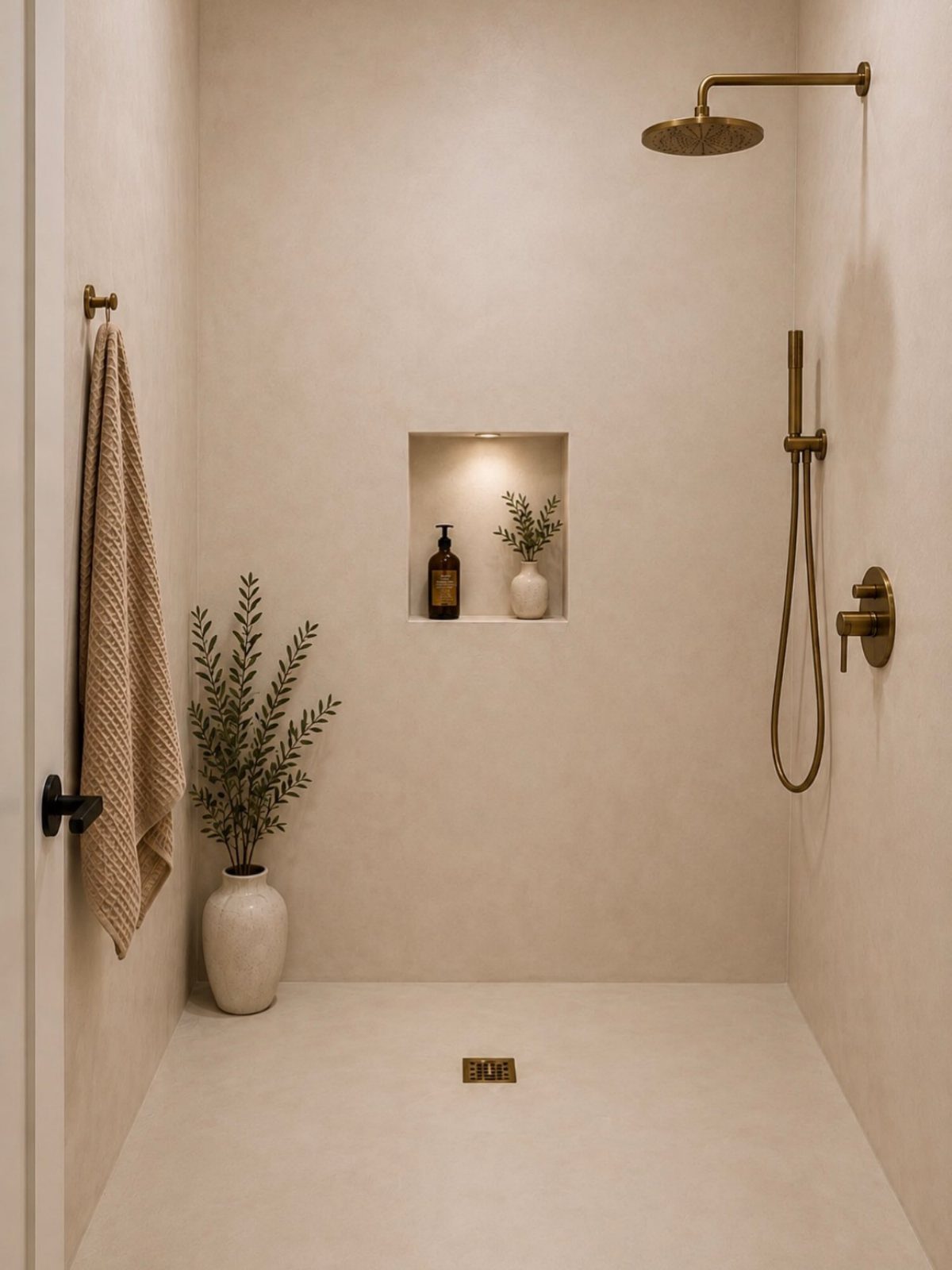 Warm beige minimalist shower with gold fixtures and a recessed wall niche.