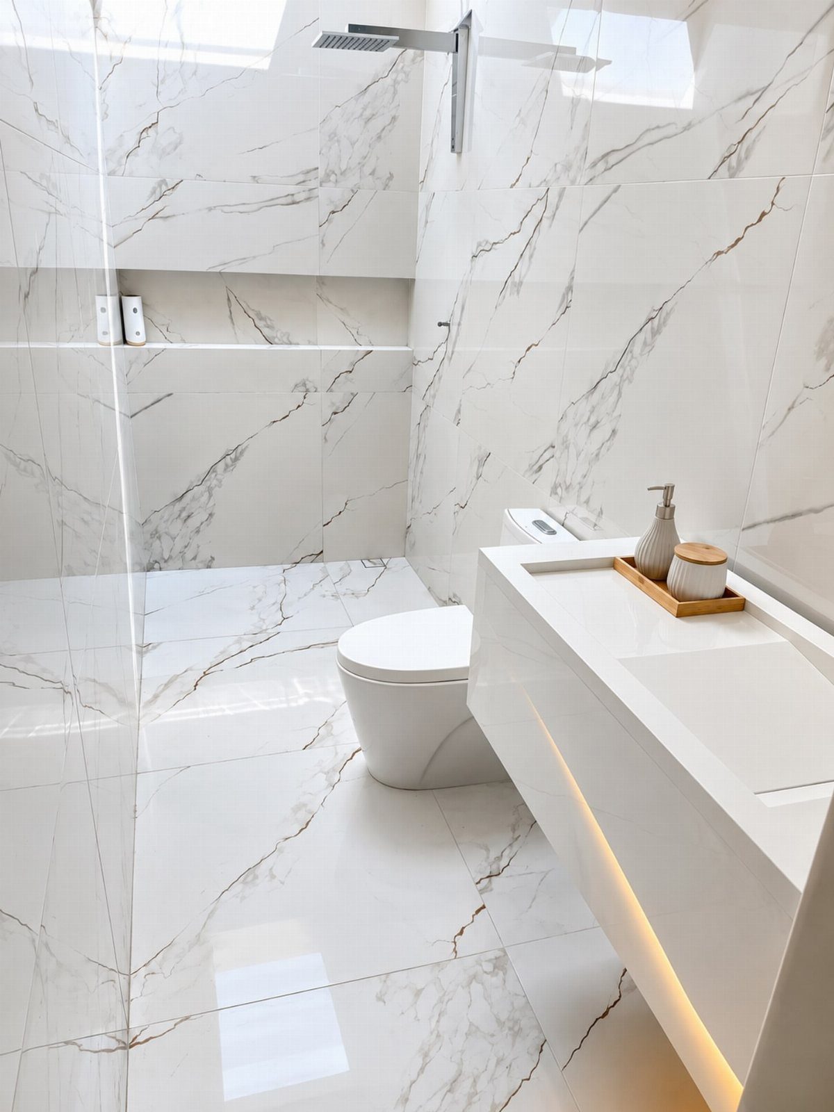 White marble bathroom with a floating vanity, white toilet, and chrome shower fixtures.
