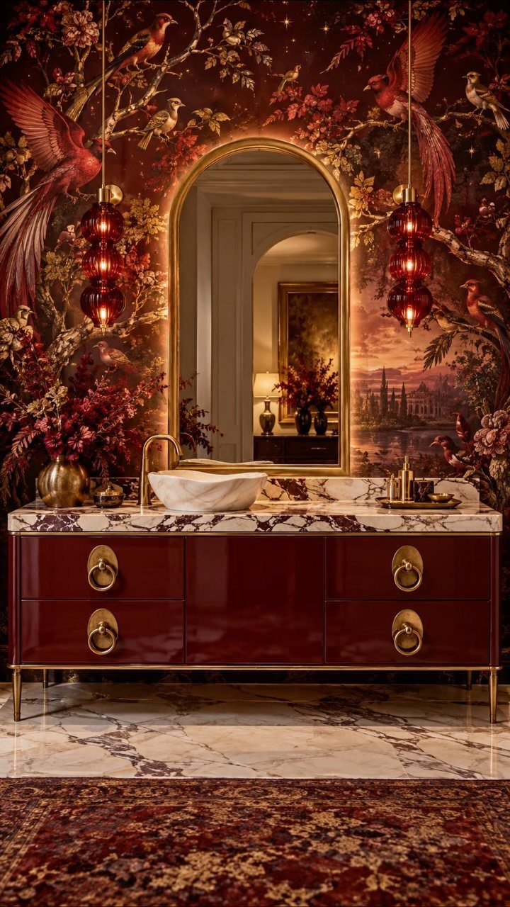 Red chinoiserie wallpaper with birds behind a red vanity and arched gold mirror.