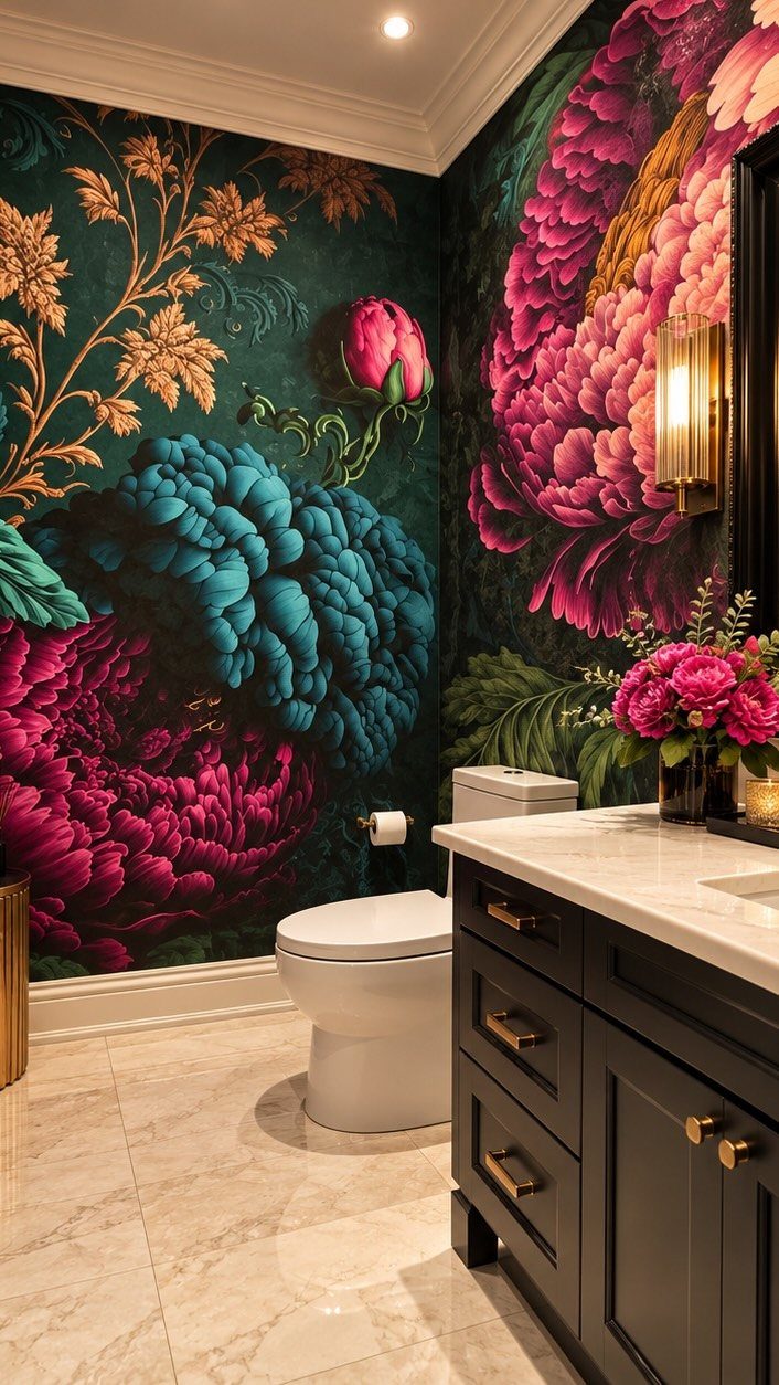 Dark floral wallpaper in a bathroom with a white toilet and dark vanity.