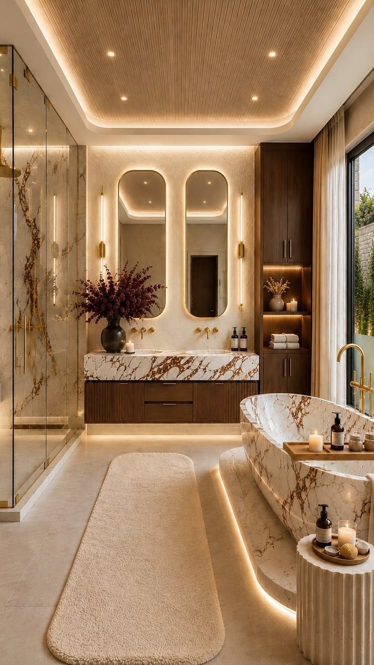 Luxury bathroom with layered lighting, marble bathtub, and backlit oval mirrors.