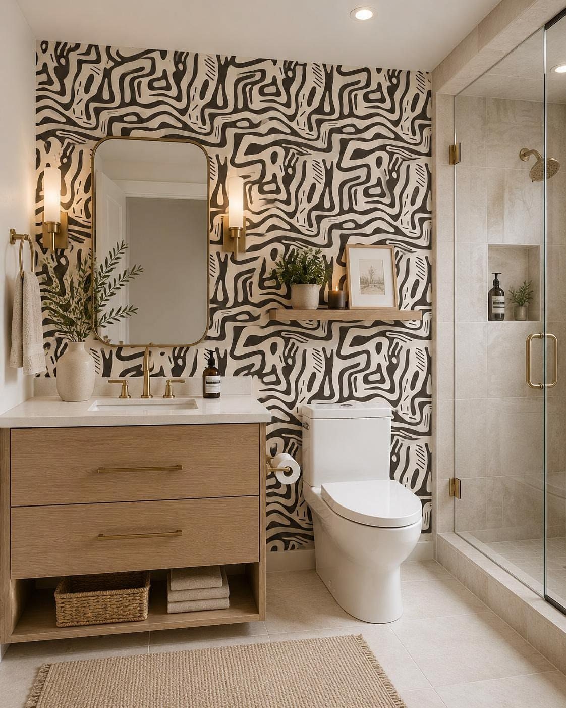 Black and white patterned wallpaper in a small bathroom with wood vanity and shower.