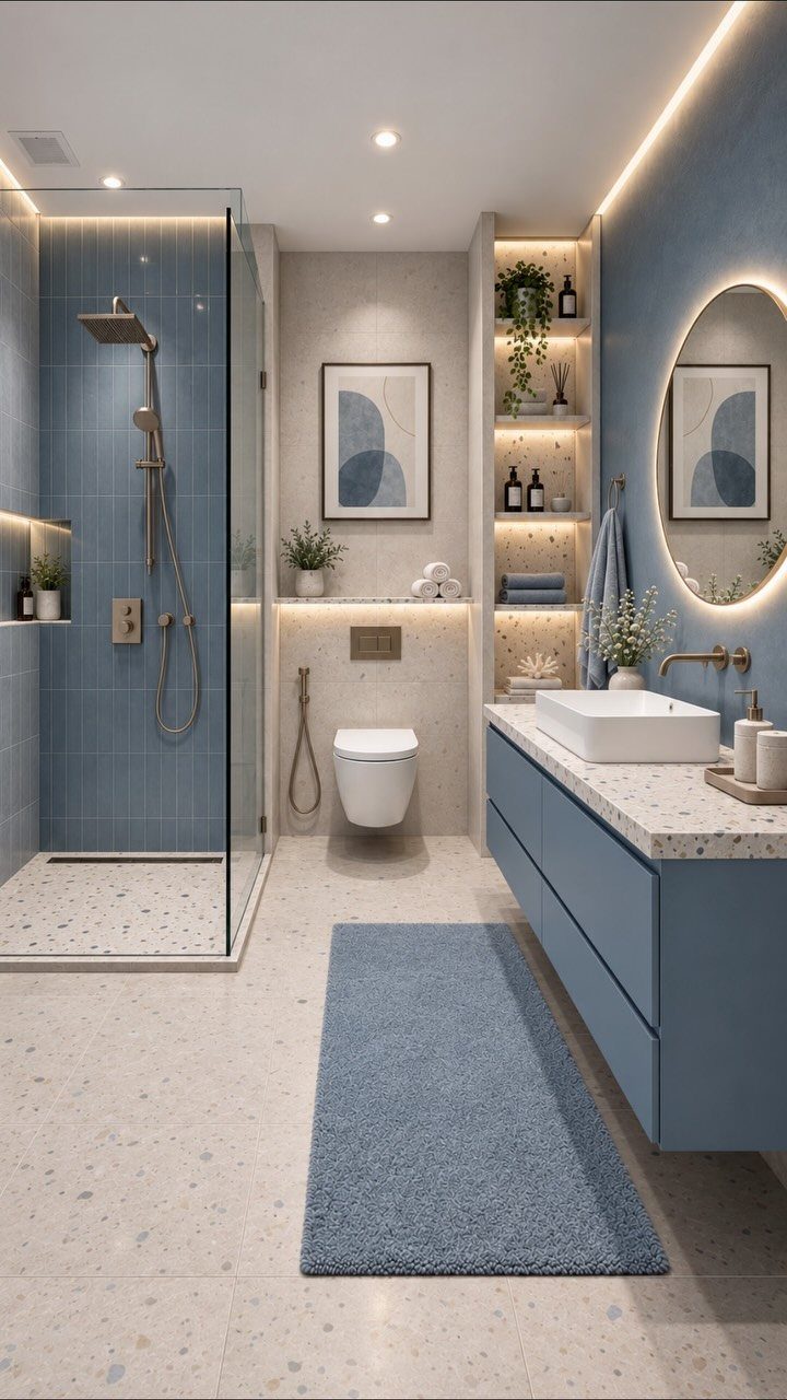 Modern small bathroom with blue color zoning on walls, vanity, and shower tiles.