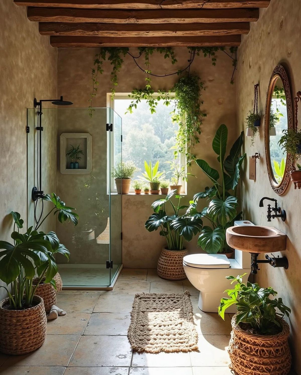 Rustic bathroom with beige walls, wooden beams, and many green potted plants.