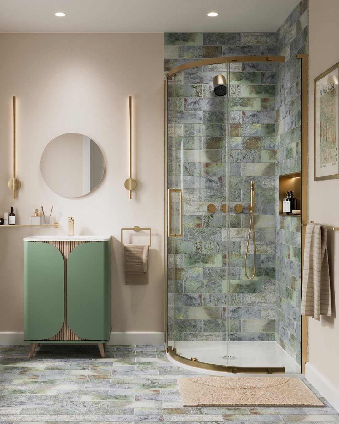 Curved glass shower with gold frame in a blue and green tiled bathroom