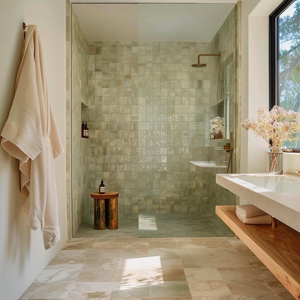 Modern bathroom with sage green shower tiles, wooden vanity, and stone sink.