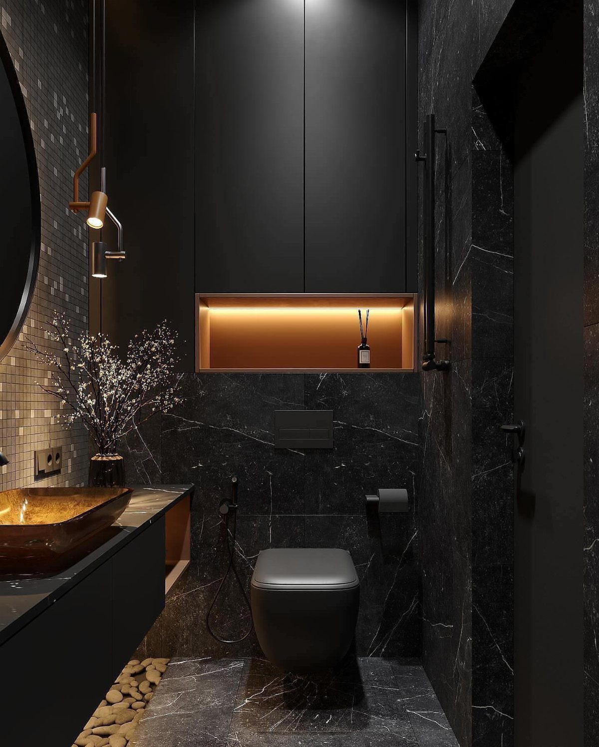 Modern small bathroom with glossy black marble walls, black toilet, and gold sink.