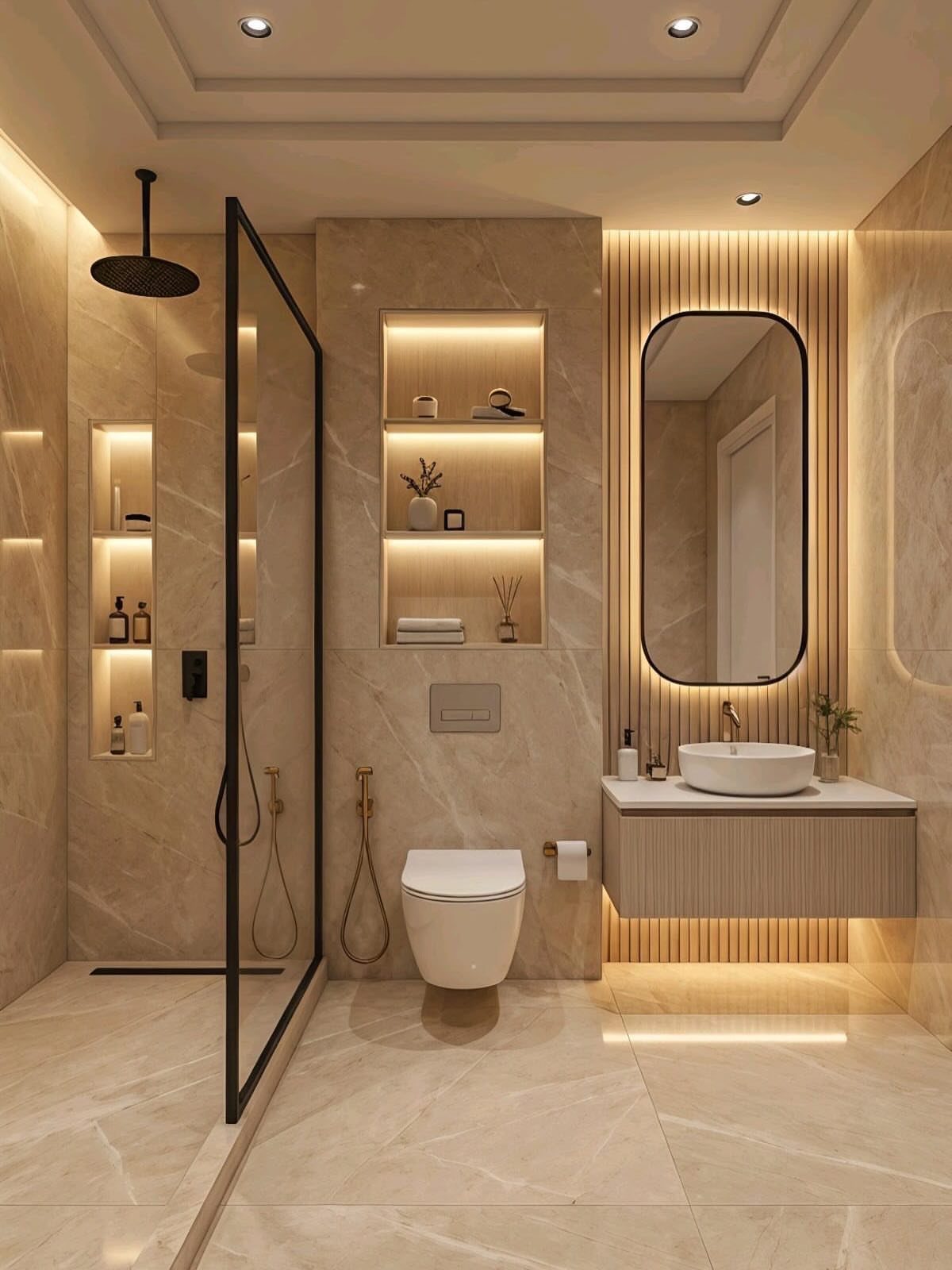 Modern bathroom with beige marble surfaces, floating vanity, and glass shower enclosure.