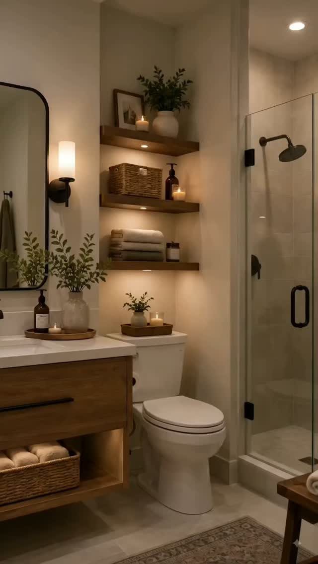 Wooden floating shelves and vanity storage in a modern, warmly lit bathroom interior.