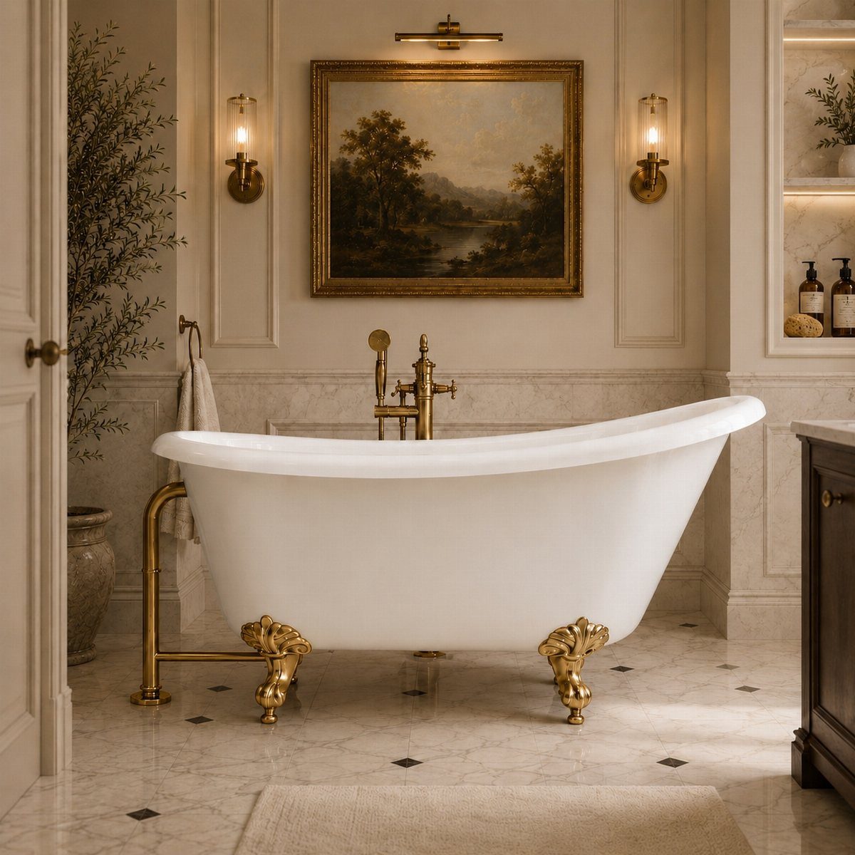White claw-foot bathtub with gold legs in a classic luxury marble bathroom