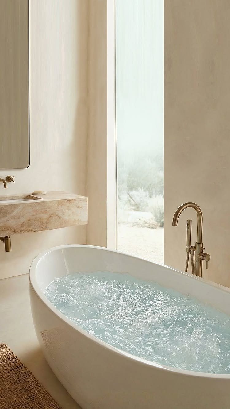 White freestanding bathtub with bubbling water and gold faucet in a beige bathroom.