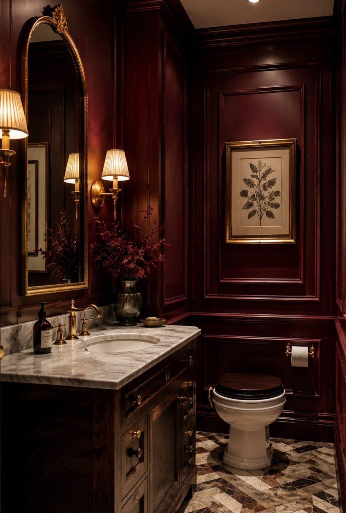 Luxurious bathroom with burgundy wood paneling, marble vanity, and gold accents.