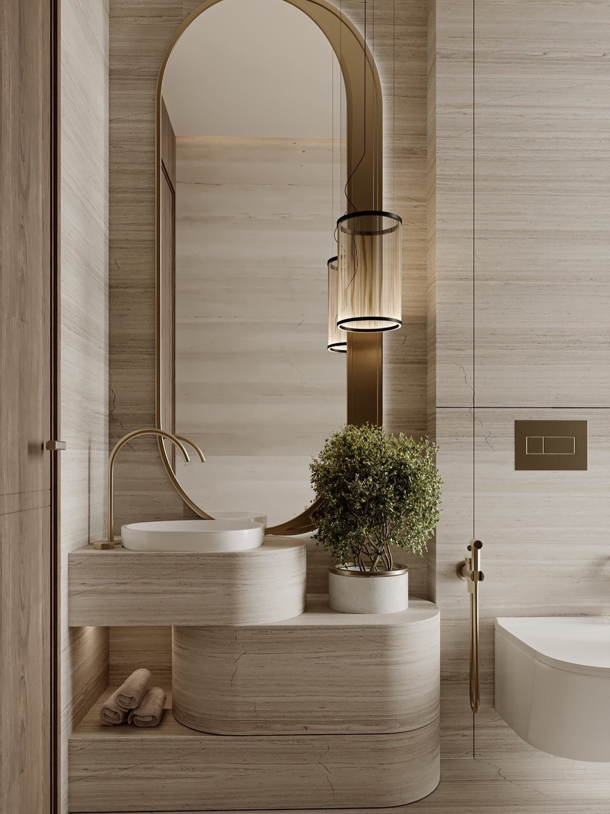 Beige travertine bathroom with a tiered stone vanity, white vessel sink, and oval mirror.