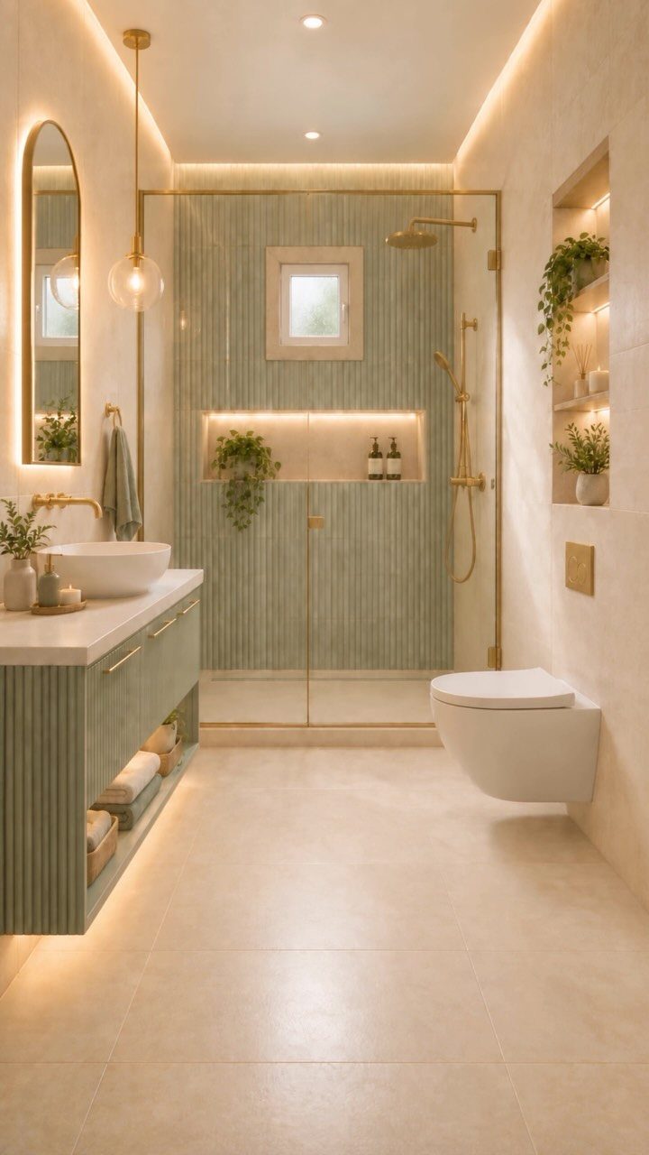 Modern bathroom with a glass shower, wall-mounted toilet, and light wood vanity.