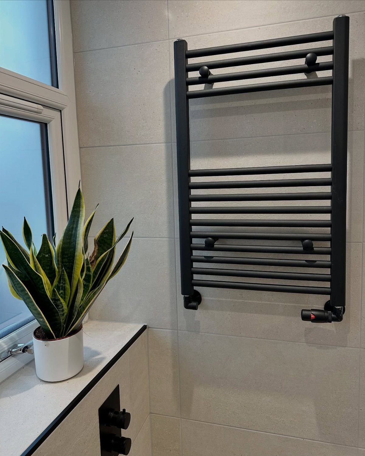 Black heated towel rail on grey tiled wall with a small potted plant.