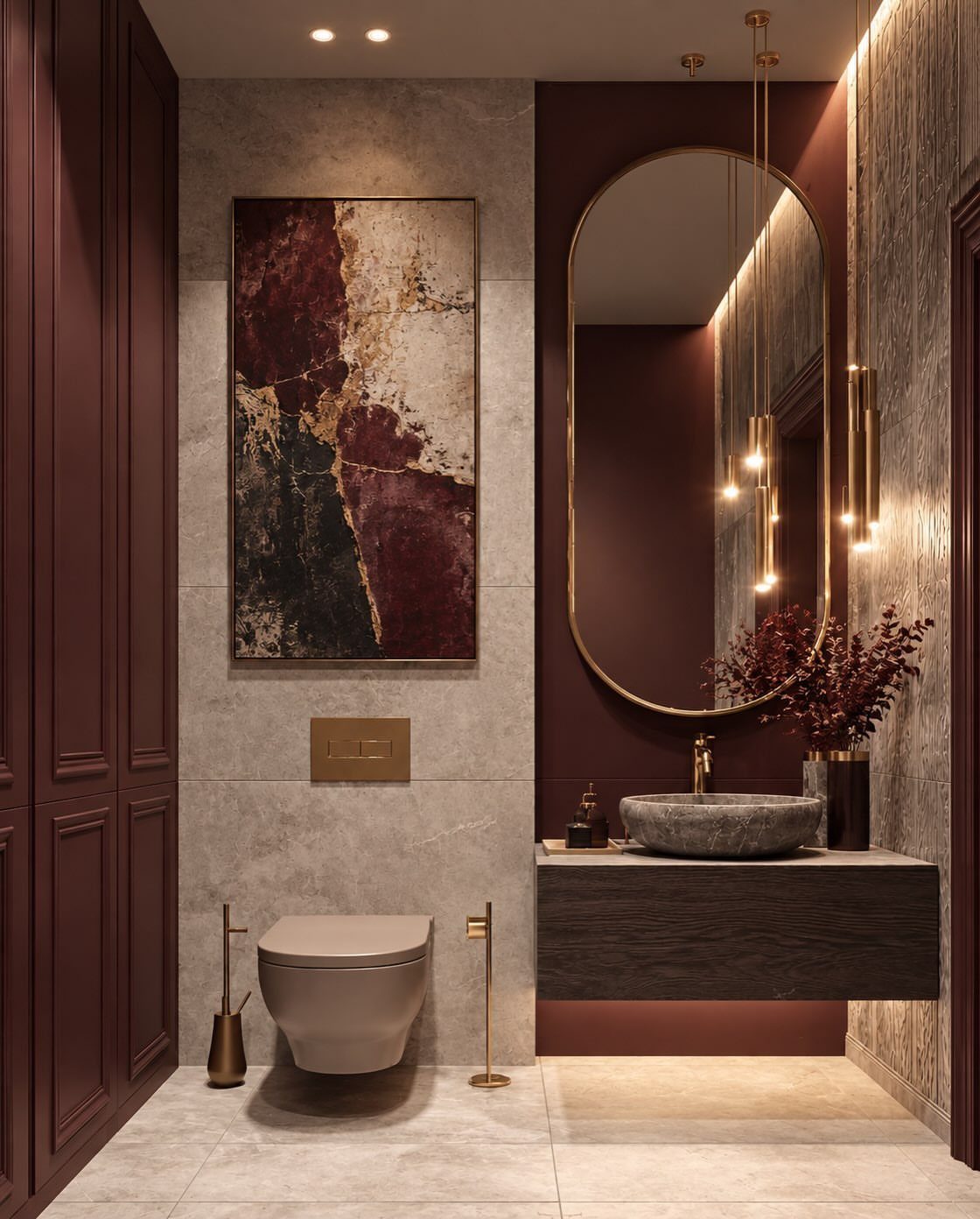 Modern bathroom with burgundy walls, grey stone tiles, and a floating dark wood vanity.