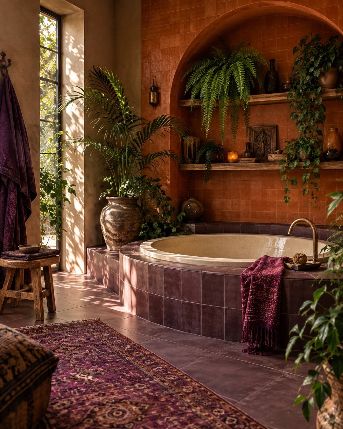 Sunken circular bathtub with burgundy tiles, terracotta walls, and lush green indoor plants.