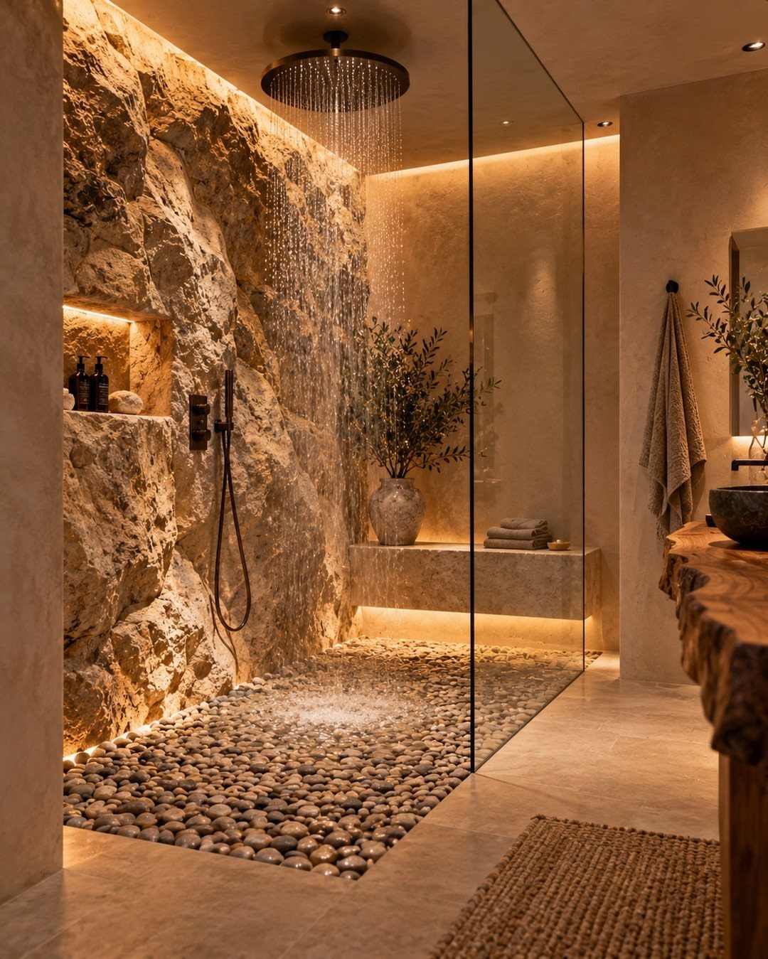 Luxury walk-in shower with pebble flooring, stone walls, and a rain shower head.