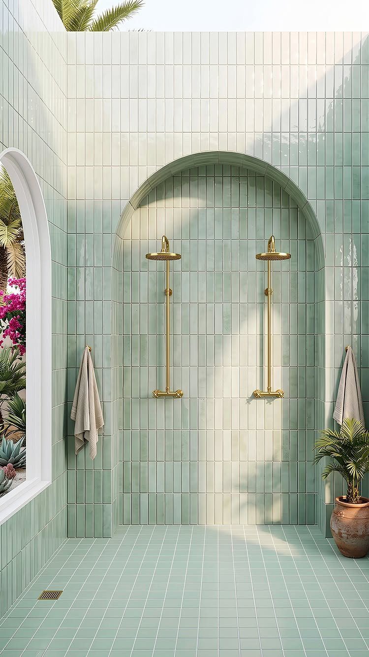 Aqua-green tiled outdoor shower with gold fixtures and an arched wall alcove.