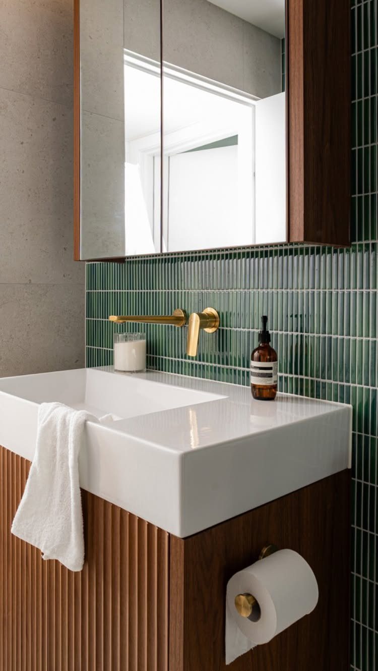 White bathroom sink on ribbed wood vanity with vertical green glass wall tiles.