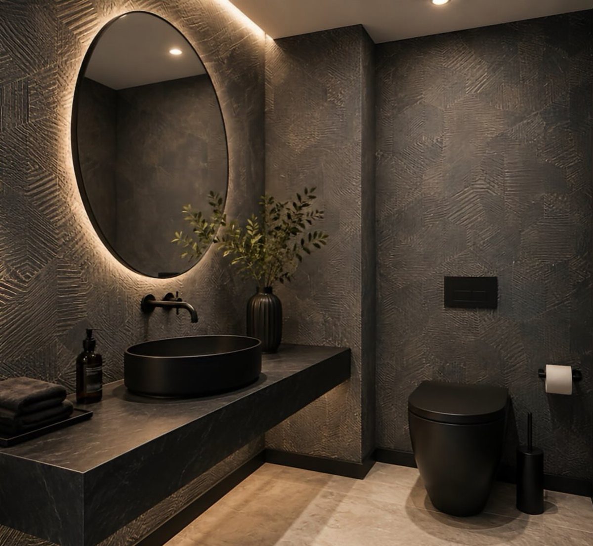 Dark grey textured wall panels in a modern bathroom with black fixtures and lighting.
