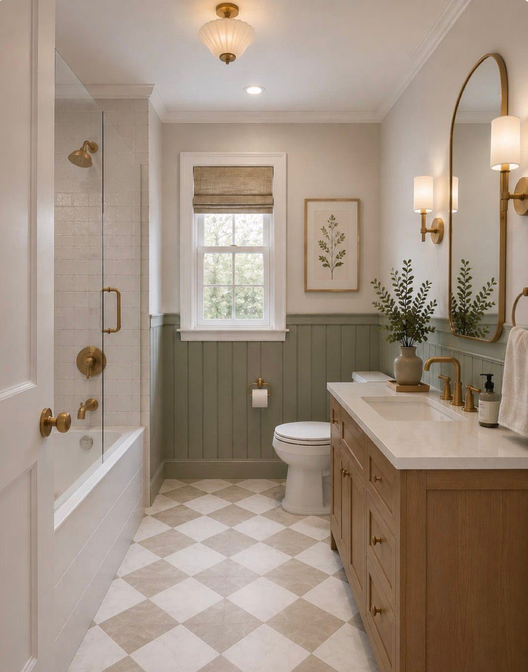 Checkerboard floor tiles in white and beige in a bright, modern bathroom.