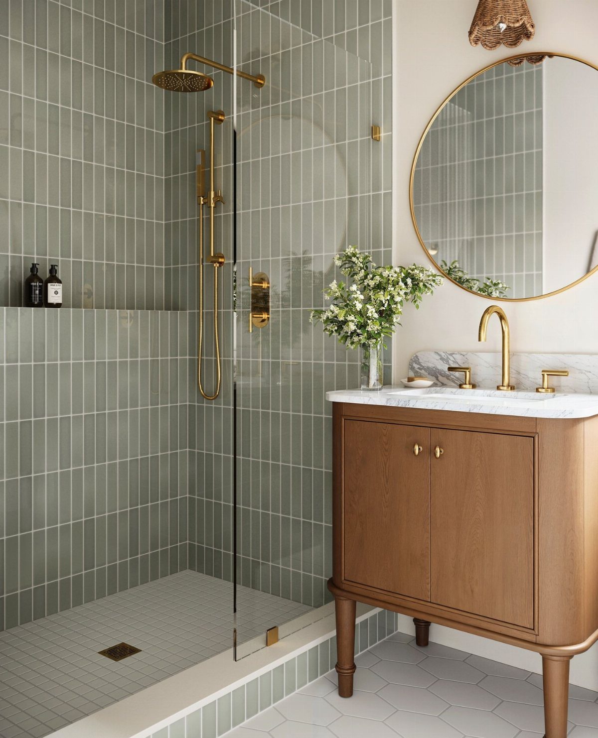 Sage green vertical wall tiles and wooden vanity in a modern bathroom setting.