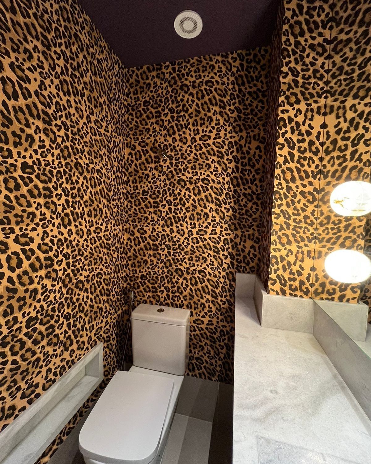 Leopard print wallpaper covering the walls of a bathroom with a white toilet.